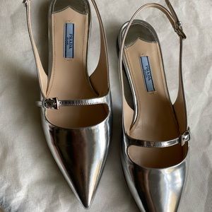 New PRADA Silver Metallic Slingback Flat